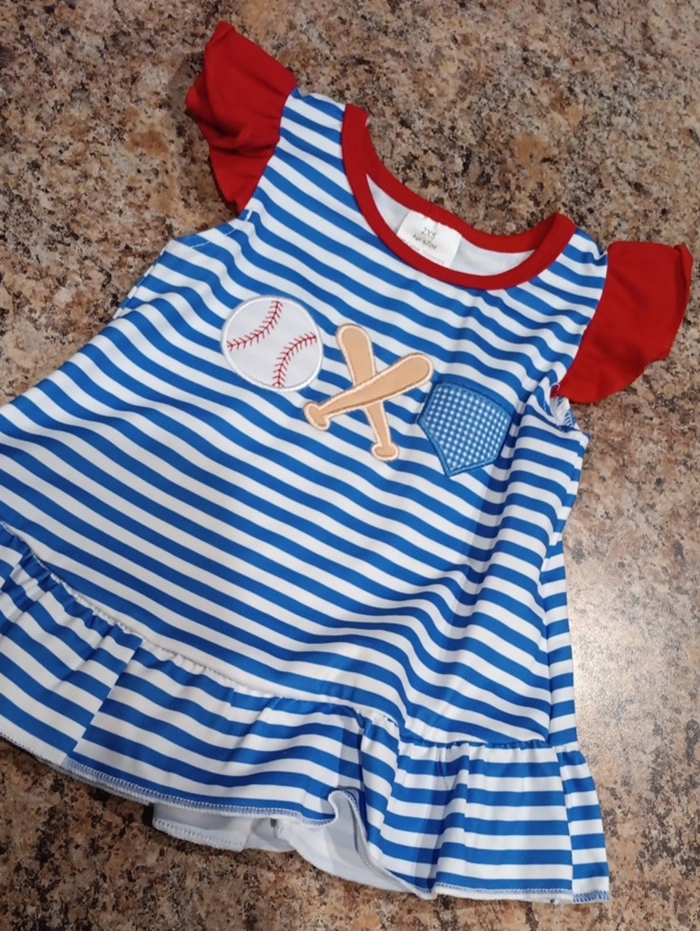Girls Blue & White Striped Baseball Appliqué Short Sleeve Tee with Red Trim